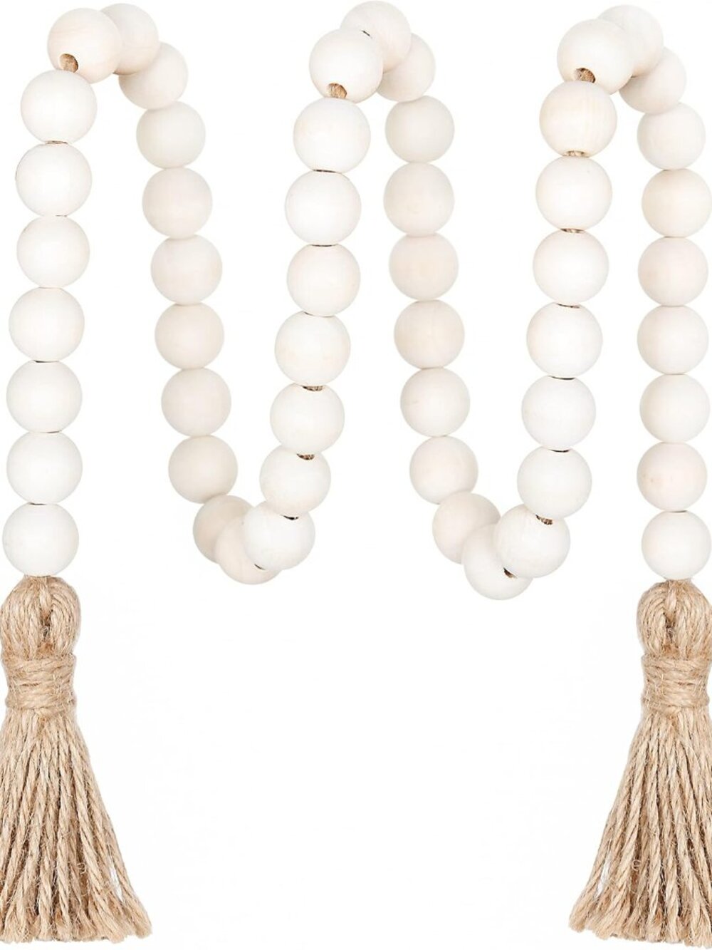 39in Wood Bead Garland, Farmhouse Beads with Tassels, Natural